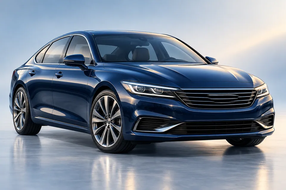 Illustration of a polished navy sedan in soft studio lighting.