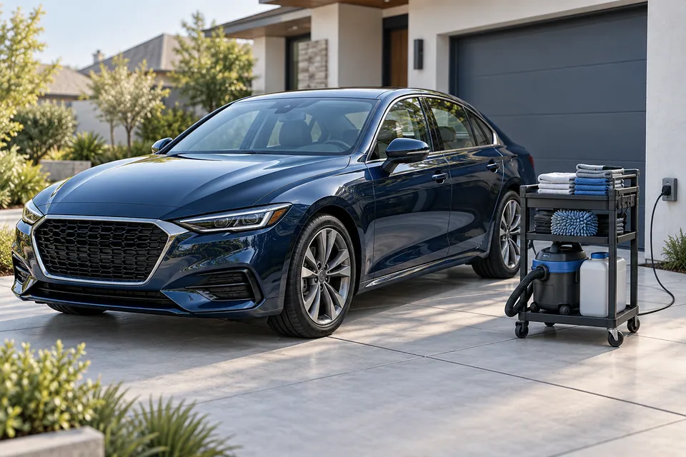 Illustration of a navy sedan and portable detailing equipment in a residential driveway.